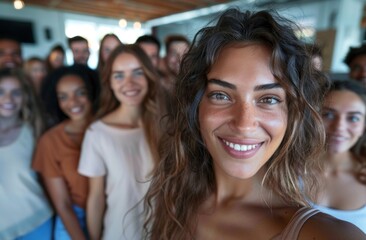 Fototapeta premium Diverse group of smiling people, team bonding together in a cheerful and fun atmosphere