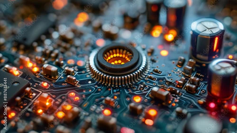 Poster a detailed close-up image of a circuit board with illuminated components, showcasing the impact of n