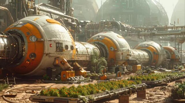 Mars colony with futuristic domes and structures on rocky terrain. Space exploration concept