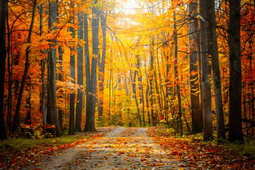 Autumn Pathway Through a Vibrant Forest with Sunlit Foliage and Fallen Leaves