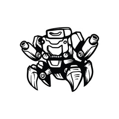 cool robotic with four leg and plasma blaster technology line art sketch vintage design illustration