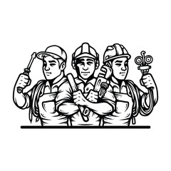 Three engineering worker of hvac or ac business line art sketch vintage design illustration