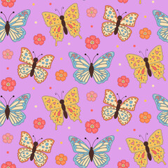 Butterflies and flowers seamless pattern. Floral repeat background for fabrics or wallpapers.