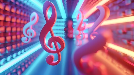 Floating 3D Treble And Bass Clefs In Neonlit Space With Vibrant Colors