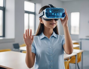 Young Girl Wearing Virtual Reality Headset Raises Hand In Classroom
