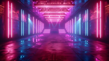 Futuristic 3D Concert Stage with Neon Lights in Vivid Pink and Blue Colors
