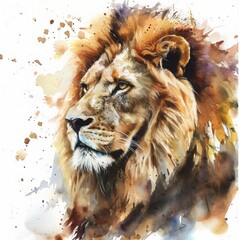 Lion Watercolor lion portrait painting. Realistic wild animal illustration on white background, Ai generated