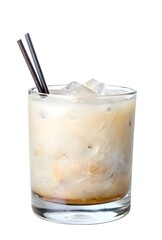 glass of soda drink with straws isolated on white background