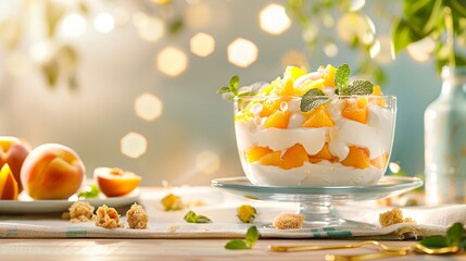 Delicious peach dessert with whipped cream and mint on sunny table