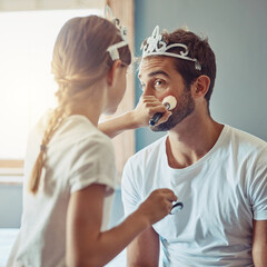 Crown, makeup and girl with dad in home for dress up with tea party for bonding together. Happy,...