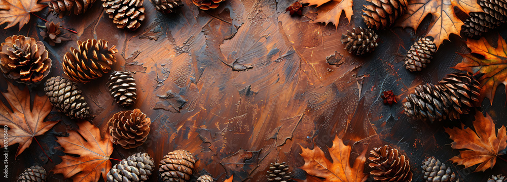 Poster autumn background with fall leaves and pine cones on brown rustic texture, top view with copy space 
