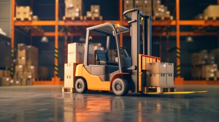 forklift truck lifting wooden pallet full of cartoon boxes in a warehouse