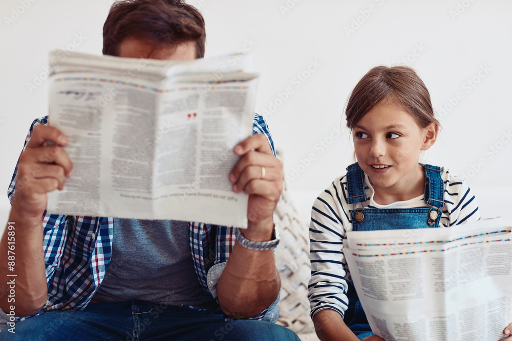 Poster Father, daughter and reading newspaper on sofa in home with smile, learning or update for global event. Man, dad and child with press, media and check for headlines, story or bonding in family house