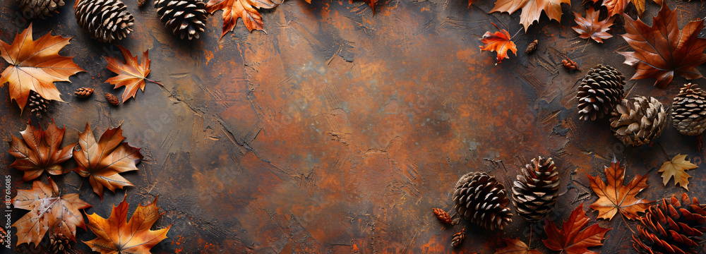 Poster autumn background with fall leaves and pine cones on brown rustic texture, top view with copy space 