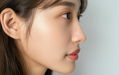 Fototapeta premium A woman with long dark hair looks to the side with a neutral expression. Her skin is smooth and glowing. The background is a soft white.
