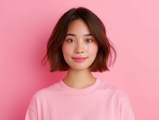 Fototapeta premium A young woman with short brown hair smiles at the camera while wearing a pink shirt against a pink background.