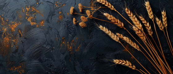 Fototapeta premium Harvest festival concept. Fall mockup with golden dry wheat, grain, herbs on dark, textured background. Lammas day composition. Autumn Layout with copy space. Generative ai