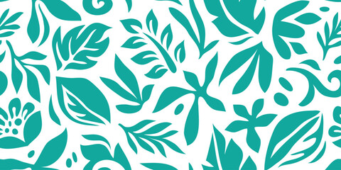 Abstract turquoise and white floral art seamless pattern. Trendy contemporary floral nature shape background illustration. Natural organic plants leaves prints artwork wallpaper. Vintage spring