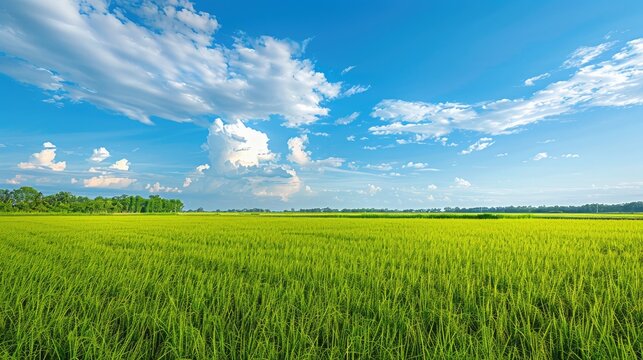 Wetland with rice field and blue sky offers space for text