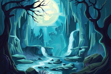 Mystical moonlit forest with waterfalls and eerie blue glow