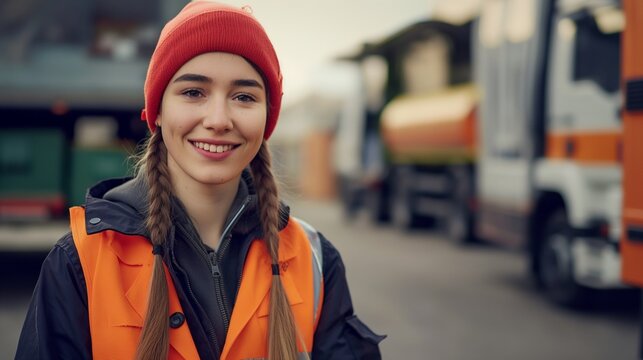 Female courier in a delivery uniform smiles warmly with delivery vehicles and packages behind her, representing efficient and reliable courier services focused on customer satisfaction