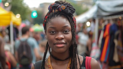 Fototapeta premium Black student girl on local fest, street market, at city festival, on campus, party