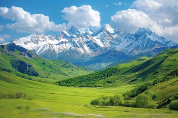 Scenic landscape of lush green valley with snowy mountain range and cloudy blue sky, perfect for nature, travel, and outdoor concepts.