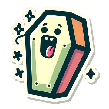 recommend clip art: Cartoon coffin character with tongue out and excited expression. Colorful Halloween sticker isolated on white background. Horror and monster stickers concept