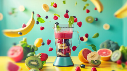 Fototapeta premium A vibrant and colorful image of a blender making a smoothie with flying fruits. Fresh fruits like bananas, kiwis, and berries are mid-air around the blender, creating a dynamic, lively scene