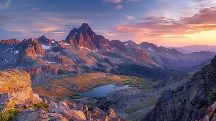 Obraz premium Stunning mountain landscape at sunset with vibrant colors, overlooking a serene alpine lake and rugged peaks.