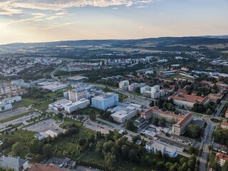 Aerial panorama view of Jihlava town and local Jihlava hospital with traumacenter,Vysocina region,Bohemia,Czech republic-Nemocnice Jihlava