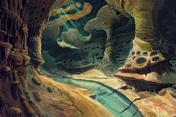 Alien landscape with river and strange rock formations