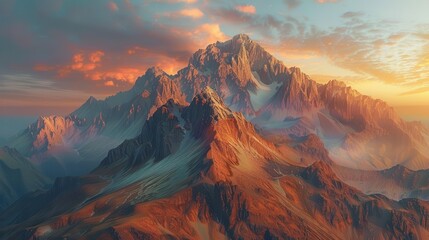 Naklejka premium Stunning mountain range at sunset showcasing vibrant colors and dramatic cloud formations, perfect for nature and landscape enthusiasts.