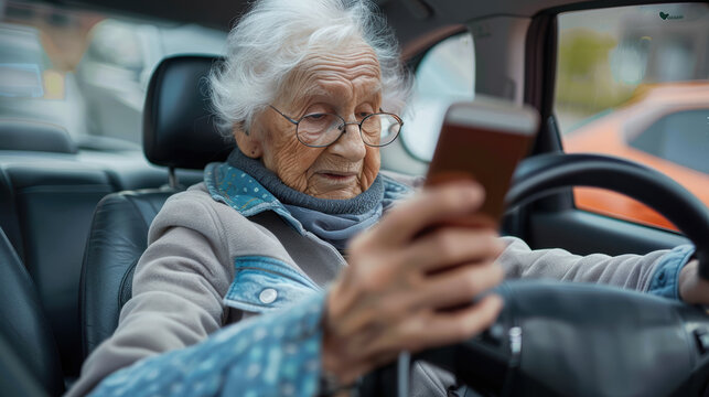  Senior woman driving car alone, holding smartphone and scrolling. Safe driving for elderly adults concept - Powered by Adobe