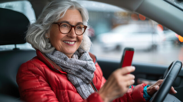  Senior woman driving car alone, holding smartphone and scrolling. Safe driving for elderly adults concept