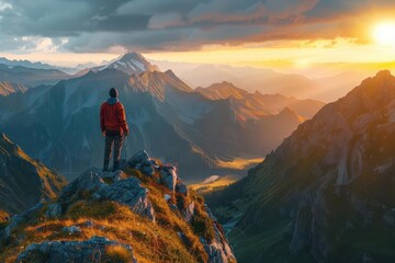 Fototapeta premium A hiker in a red jacket stands on a rocky peak, admiring a breathtaking mountain sunset with vast valleys below.