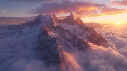 Breathtaking sunrise over majestic mountain peak surrounded by clouds, capturing the serene beauty and awe-inspiring landscapes of nature.