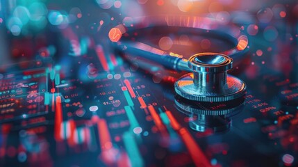 A stethoscope lies on a vibrant chart with financial data, representing the healthcare industry's economic impact.