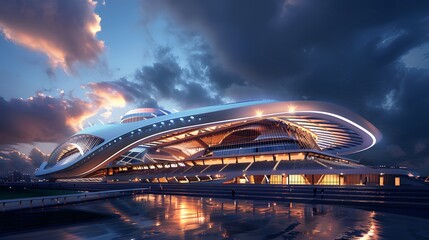 Stadium football stadium at night with lights and sky. sport complex, modern architecture. 