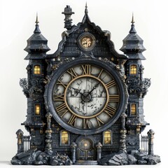 Fototapeta premium Midnight Haunted Clock - Gothic Halloween Symbol in Dark Tones on White Background