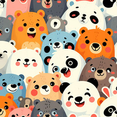 Obraz premium Bear Doodle Art Cartoon. Various bears with expressive faces in a crowded pattern