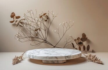 Elegant white marble podium with dried flowers in minimalist natural setting
