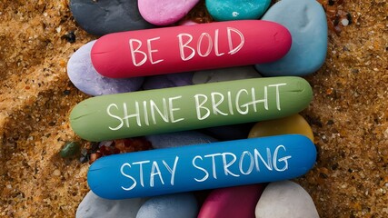 positive thought hand written message on a colorful rocks and pebbles for self esteem building