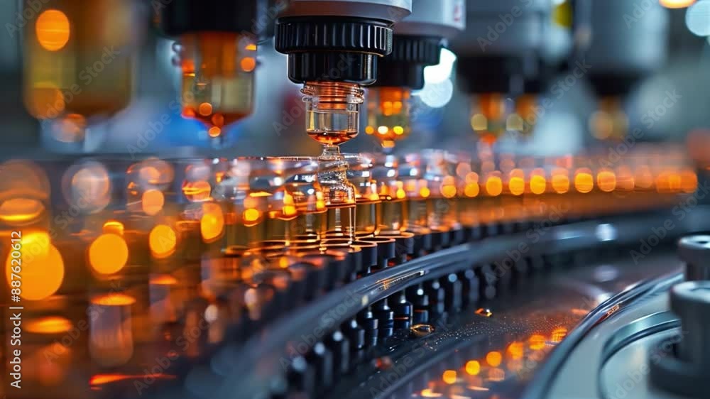 Poster a lab-on-a-chip manufacturing process in a factory with dispensing units filling small vials with li