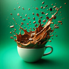 Cup of coffee with beans splashing