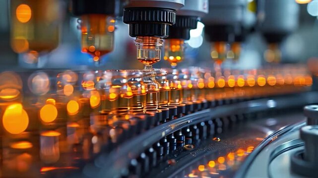 A lab-on-a-chip manufacturing process in a factory with dispensing units filling small vials with liquid, creating a dynamic scene.