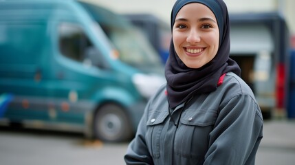 A Punctual and Dedicated Female Courier in Hijab Smiling in Front of Delivery Vehicles and Packages, Emphasizing Professionalism and Reliability in the Delivery Service