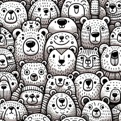 Bear Doodle Art Cartoon. Various bears with expressive faces in a crowded pattern