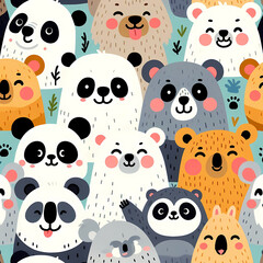 Obraz premium Bear Doodle Art Cartoon. Various bears with expressive faces in a crowded pattern