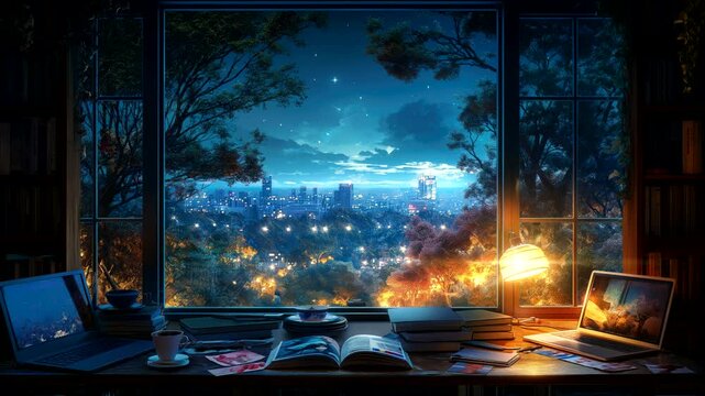Study desk at night with a view of city lights and open books. Urban inspiration concept